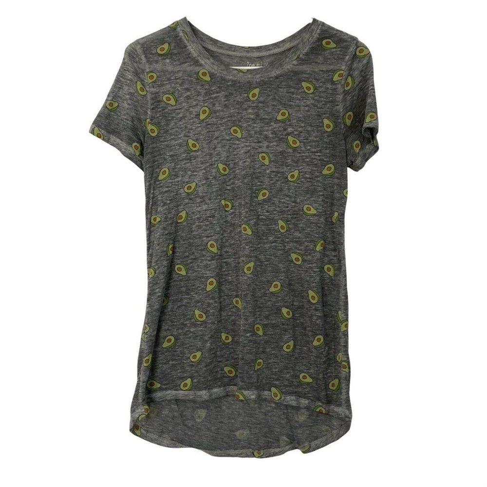 Zoe + Liv Womens Gray Avocado Print Short Sleeves Round Neck T Shirt Size Small
